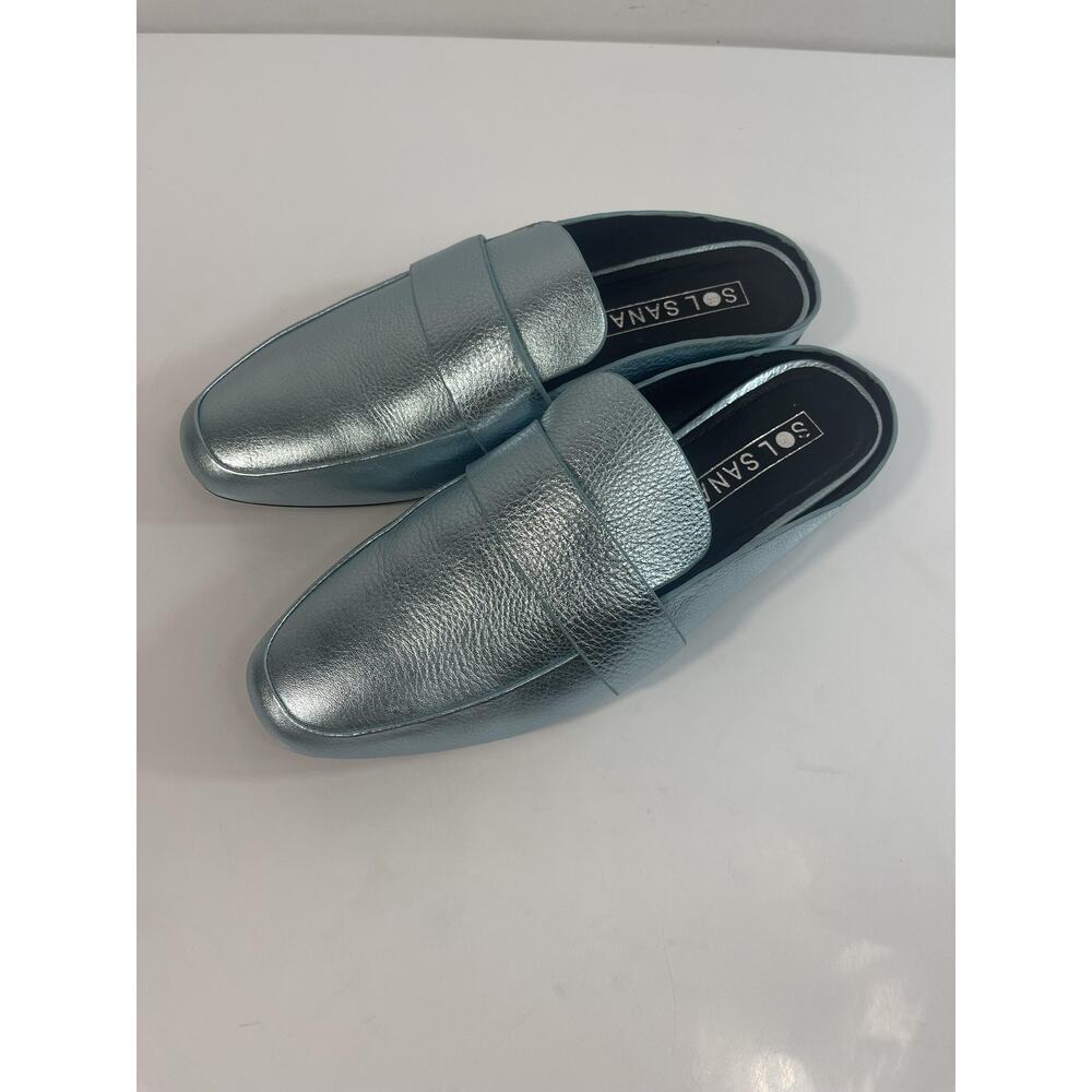 Sol Sana Renold Slide Shoes Womens Size 9 Blue Metallic Leather Sandals New Box